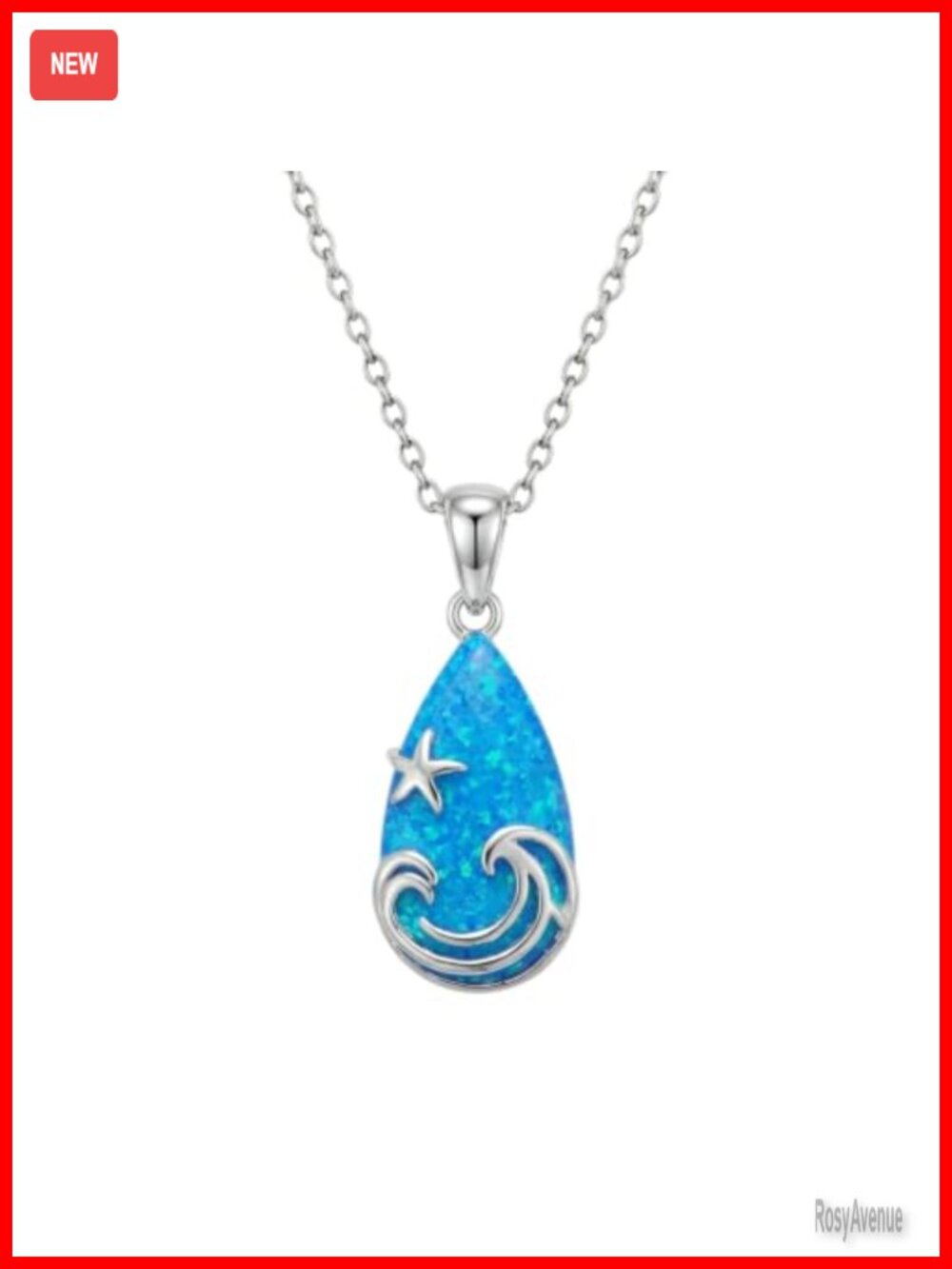 LONAGO 925 Sterling Silver Blue Opal Teardrop Necklace Ocean Wave Starfish